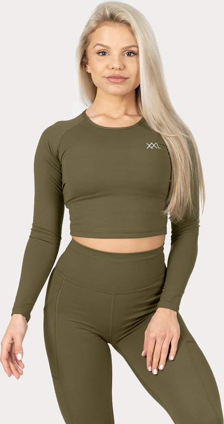 XXL Nutrition - Remotion Long Sleeve - Sportshirt Lange Mouw, Fitness Shirt Dames - Zacht Elastisch Materiaal - Slim Fit - 75% Polyester 25% Spandex - Army - Maat S