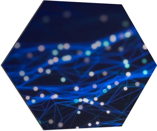 Dibond Hexagon - Blauwe Neonlijnen met Stippen - 80x69.6 cm Foto op Hexagon (Met Ophangsysteem)