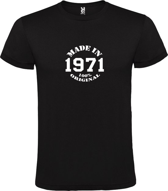 Zwart T-Shirt met “Made in 1971 / 100% Original “ Afbeelding Wit Size L