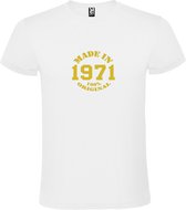 Wit T-Shirt met “Made in 1971 / 100% Original “ Afbeelding Goud Size XS