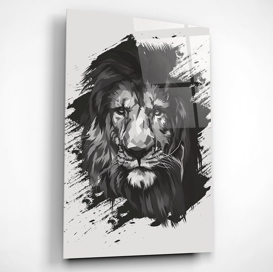 Lion Leeuw - Black and Grey - Glasschilderij - 90cm x 60cm - Inclusief Ophangsysteem