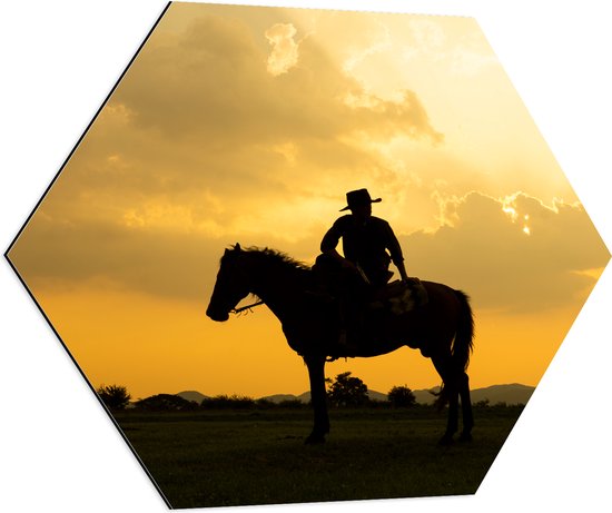 Dibond Hexagon - Silhouet van Cowboy op zijn Paard tijdens Mooie Zomerse Zonsondergang - 80x69.6 cm Foto op Hexagon (Met Ophangsysteem)