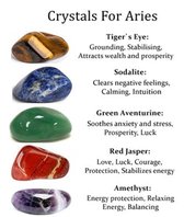 Edelstenen set - Sterrenbeeld - Ram - Aries - Kristallen set - 5 edelstenen - Tijgeroog - Sodaliet - Groene Aventurijn - Rode Jaspis - Amethist