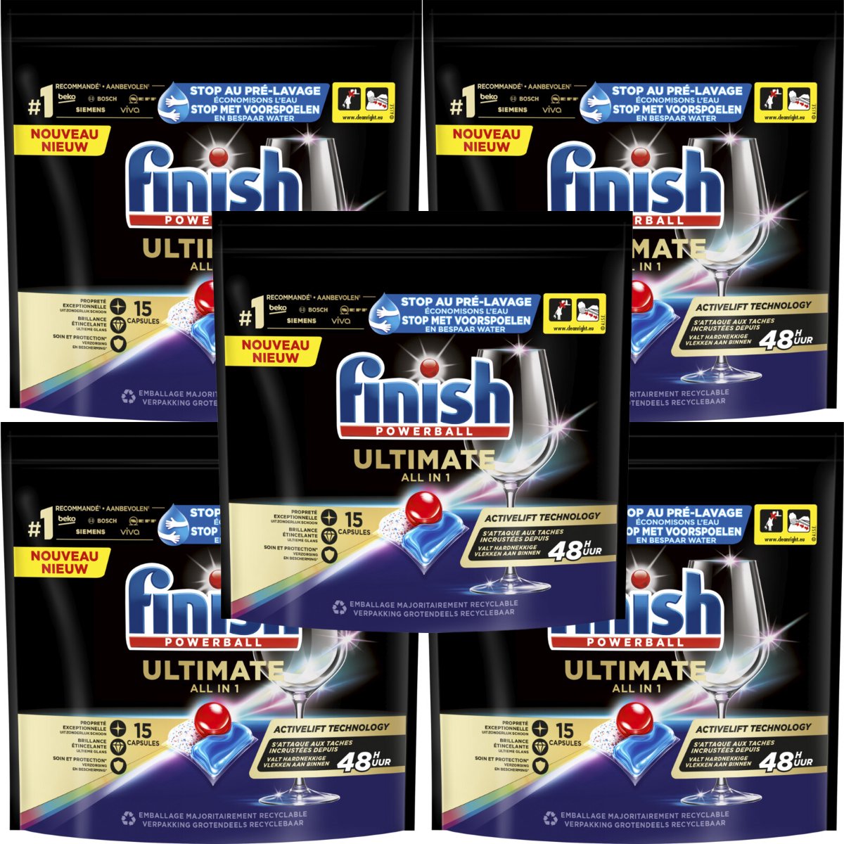 Goedkoopste Finish Powerball Ultimate All in 1 75 Vaatwastabletten Powerbundel - 5 x 15 Tabletten