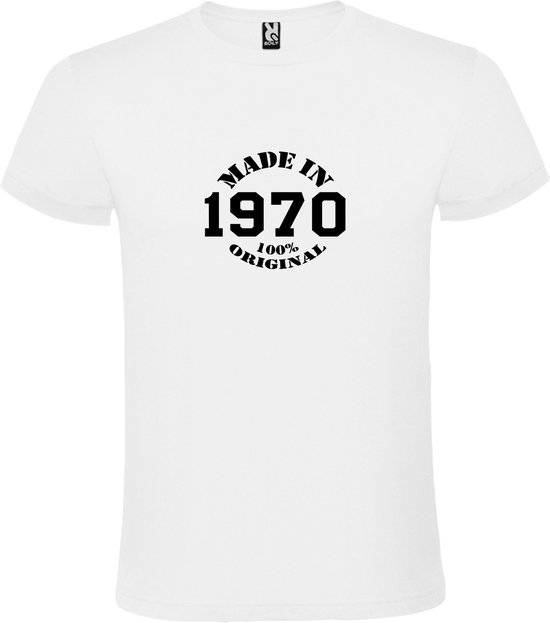 Wit T-Shirt met “Made in 1970 / 100% Original “ Afbeelding Zwart Size XS