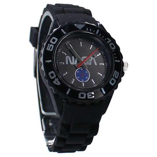 Montre noire NASA avec chiffres blancs, trotteuse rouge et sous-cadran bleu sur le cadran.