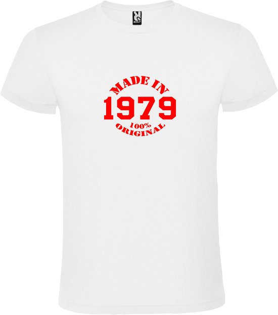 Wit T-Shirt met “Made in 1979 / 100% Original “ Afbeelding Rood Size M