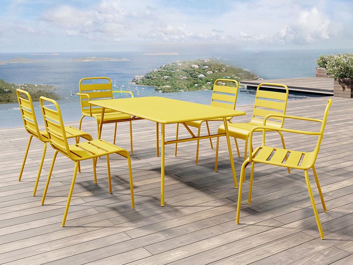 MYLIA Tuinset MIRMANDE: tafel L.160 cm met 2 opstapelbare fauteuils & 4 opstapelbare stoelen - Metaal - Geel L 160 cm x H 79 cm x D 80 cm