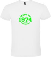 Wit T-Shirt met “Made in 1974 / 100% Original “ Afbeelding Neon Groen Size XL