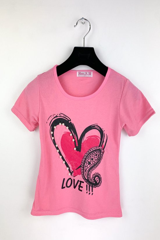 T-shirtje met hartje voor meisjes - licht roze - 9/10 jaar