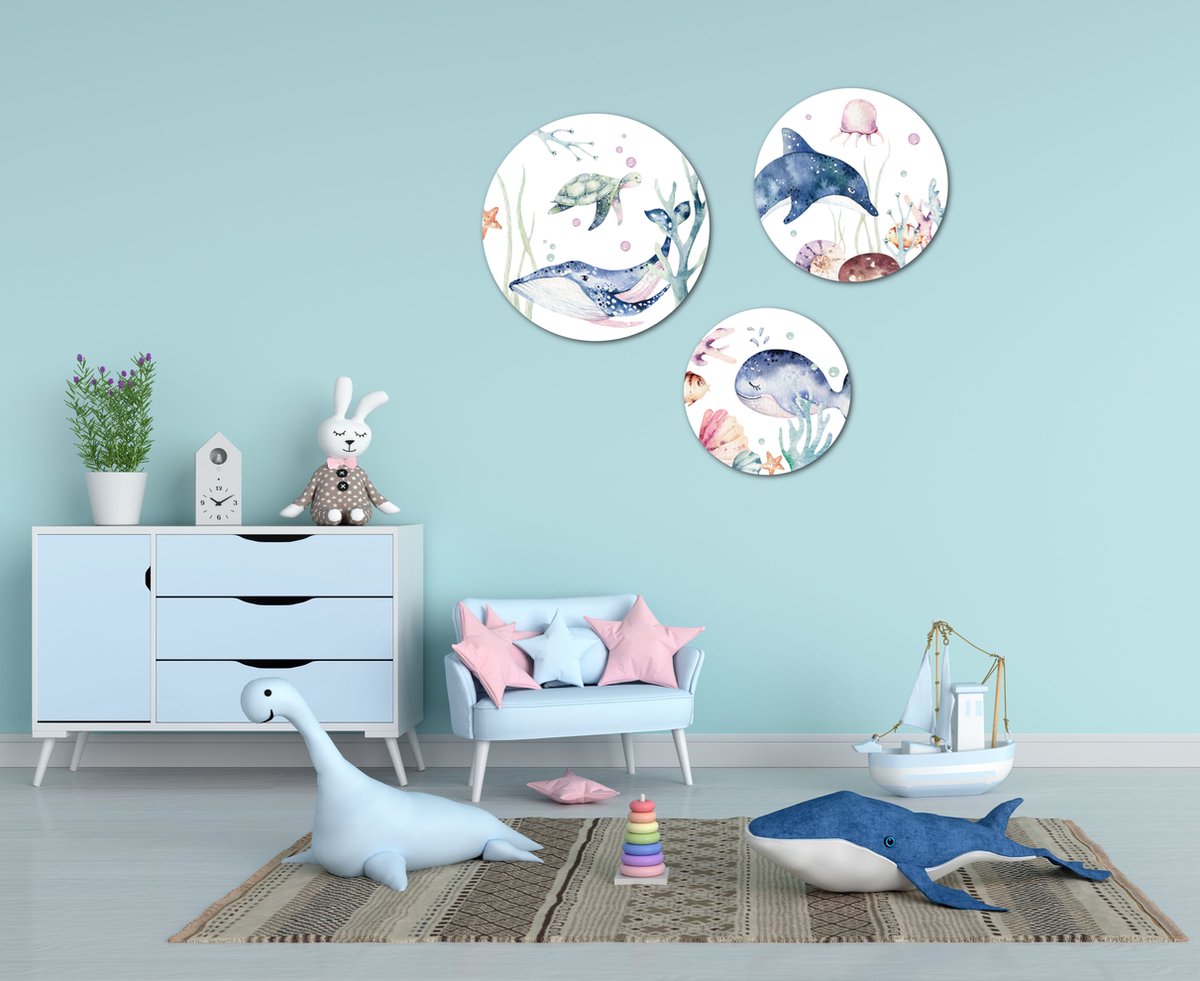 Muurcirkel / Wandcirkel zeedieren onderwater thema groot - set van 3 muurcirkels + ophangsysteem - Decoratie kinderkamer / babykamer jongens & meisjes