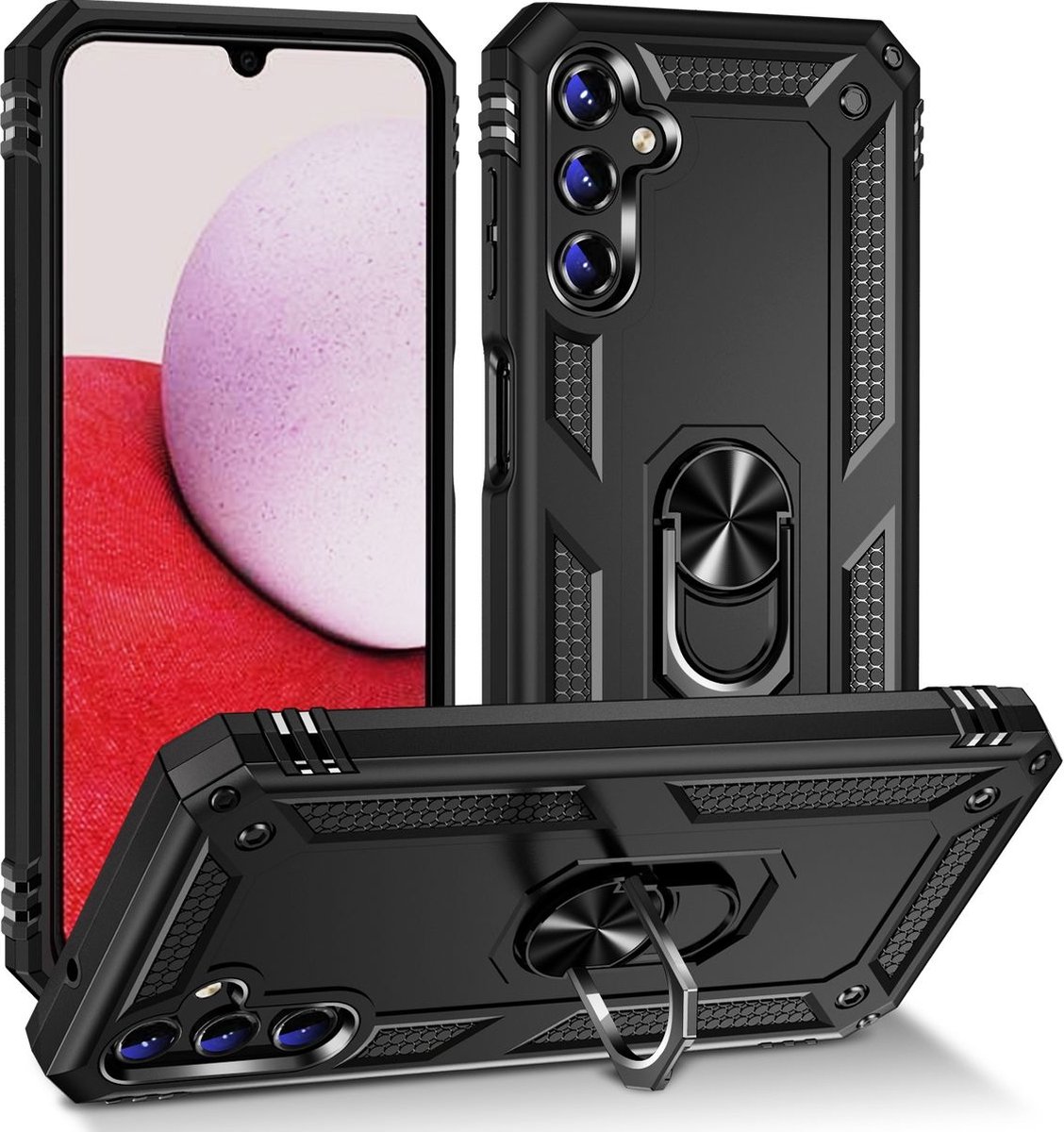 Mobigear Hoesje geschikt voor Samsung Galaxy A14 Telefoonhoesje Hardcase | Mobigear Armor Ring Backcover Shockproof met Ringhouder | Schokbestendig Galaxy A14 Telefoonhoesje | Anti Shock Proof - Zwart