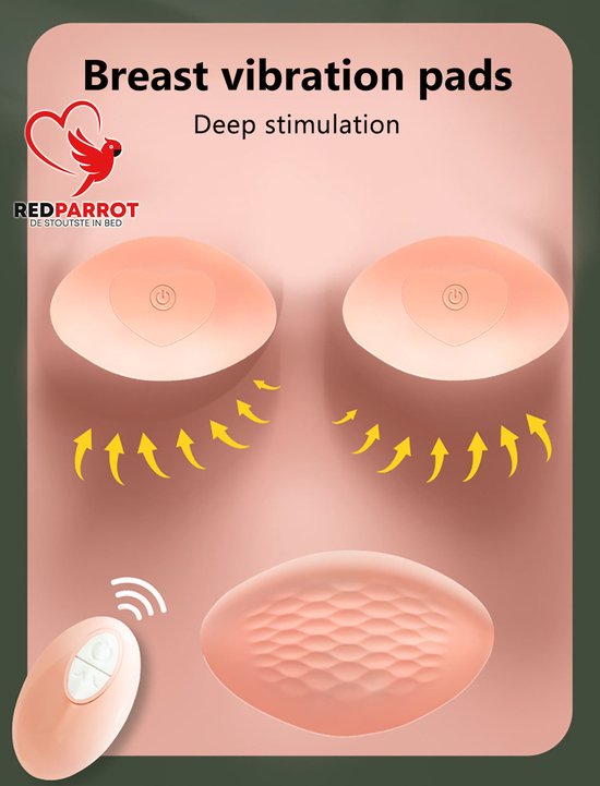 Twee roze borst vibratiepads met aan/uit-symbool en een afstandsbediening.
