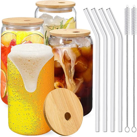 Relaxdays drinkglazen met deksel, set van 4, mason jars met opschrift, limonadeglazen, met rietje, 500 ml, kleurrijk