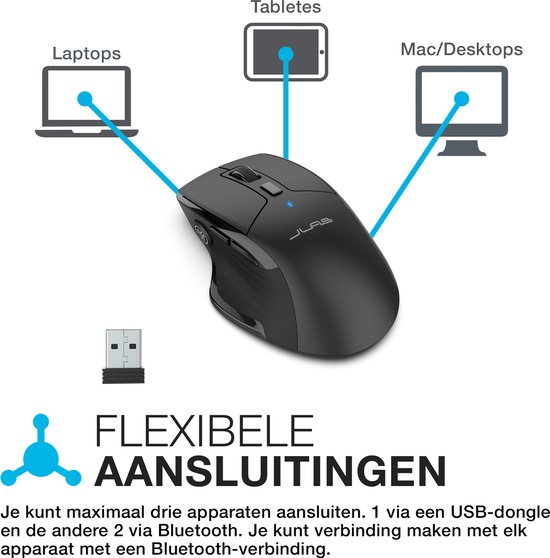 JLab Jbuds Draadloze Muis - Bluetooth Computermuis Draadloos - Stille Clicks - Verbind 3 Apparten - Draadloze Dongle - 4 Maanden Batterijduur - Rechtshandig - Multipoint - USB C Oplaadbaar - Zwart