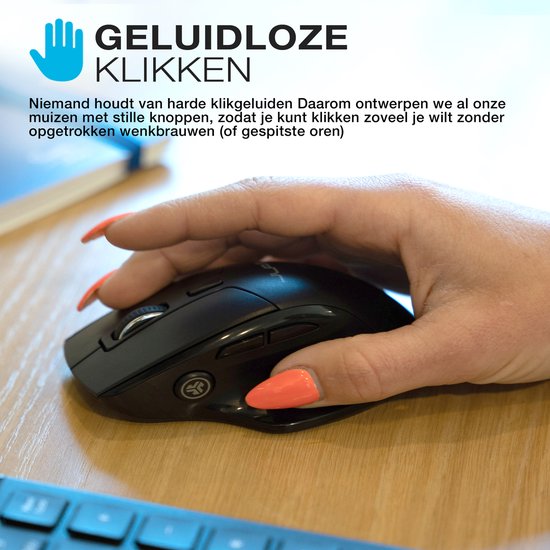 JLab Jbuds Draadloze Muis - Bluetooth Computermuis Draadloos - Stille Clicks - Verbind 3 Apparten - Draadloze Dongle - 4 Maanden Batterijduur - Rechtshandig - Multipoint - USB C Oplaadbaar - Zwart