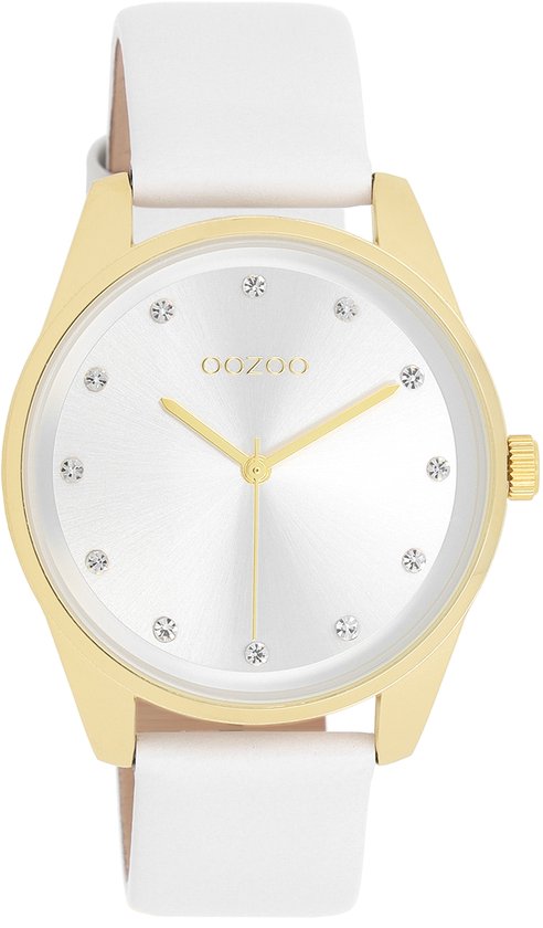 OOZOO Timepieces - Goudkleurige horloge met witte leren band - C11159