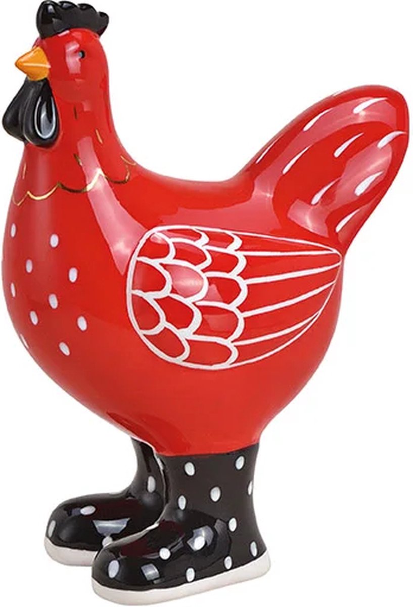 Beeldje rode kip met rubber laarzen 17cm hoog