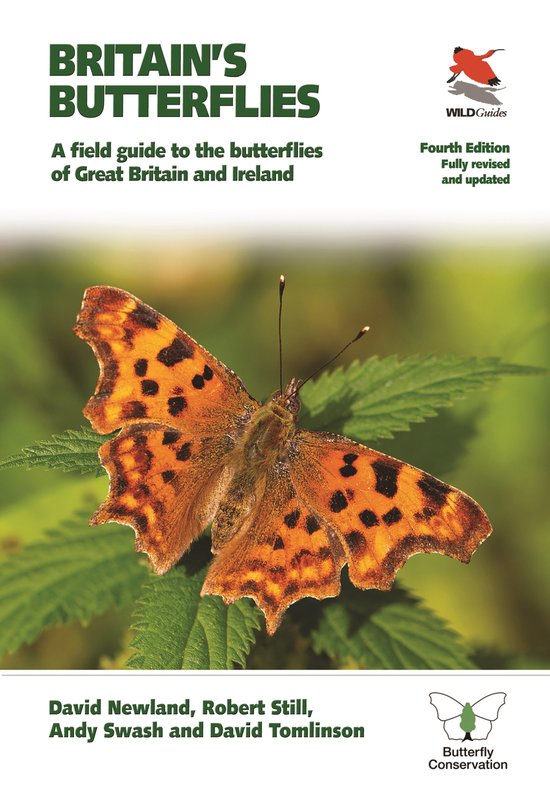 Boek kaft met een oranje vlinder met zwarte vlekken, zittend op groene bladeren. Titel: Britain's Butterflies.