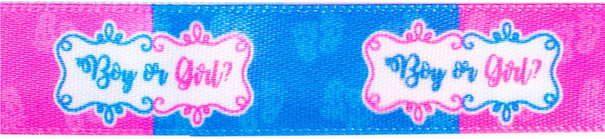 Roze blauw lint | tekst blauw en roze letters | Boy or girl? | lengte ca. 4 meter
