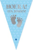 Mega puntvlag geboorte jongen | blauw | 150 x 100 cm | Tekst Hoera! een jongen! | zilveren voetjes afbeelding