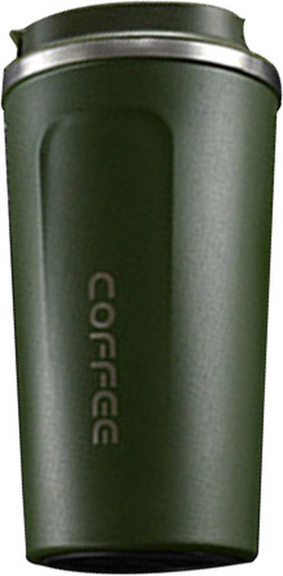 Groene thermosbeker met 'COFFEE' tekst en metalen ring.