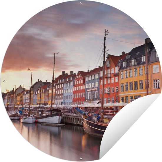 Tuincirkel Zonsondergang in Nyhavn Kopenhagen - Denemarken - 90x90 cm - Ronde Tuinposter - Buiten