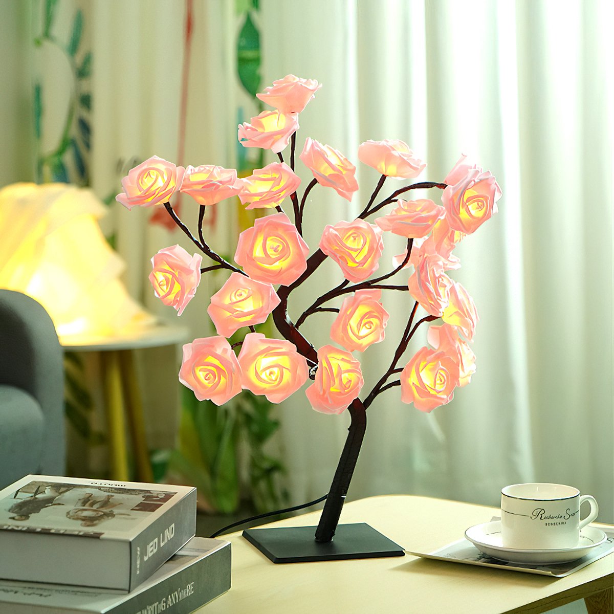 Tafellamp rozen - Led verlichting - 24 lampjes - bloessem - roze - nachtlampje - nachtkast lamp - bureau lamp - tafel lamp - slaapkamer lamp - usb oplaadbaar