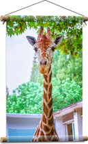 Textielposter - Portret van Giraffe met Lange Nek onder Begroeide Boom - 40x60 cm Foto op Textiel
