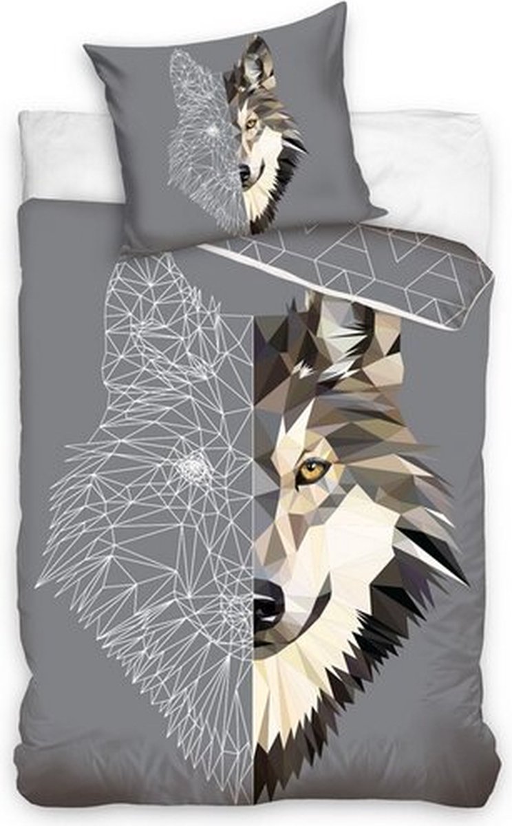 1-persoons dekbedovertrek (dekbed hoes) “geometrische wolf” antraciet grijs met een afbeelding / grafische tekening van een wolf (wild dier natuur) KATOEN eenpersoons 140 x 200 cm (cadeau idee voor jongens!)