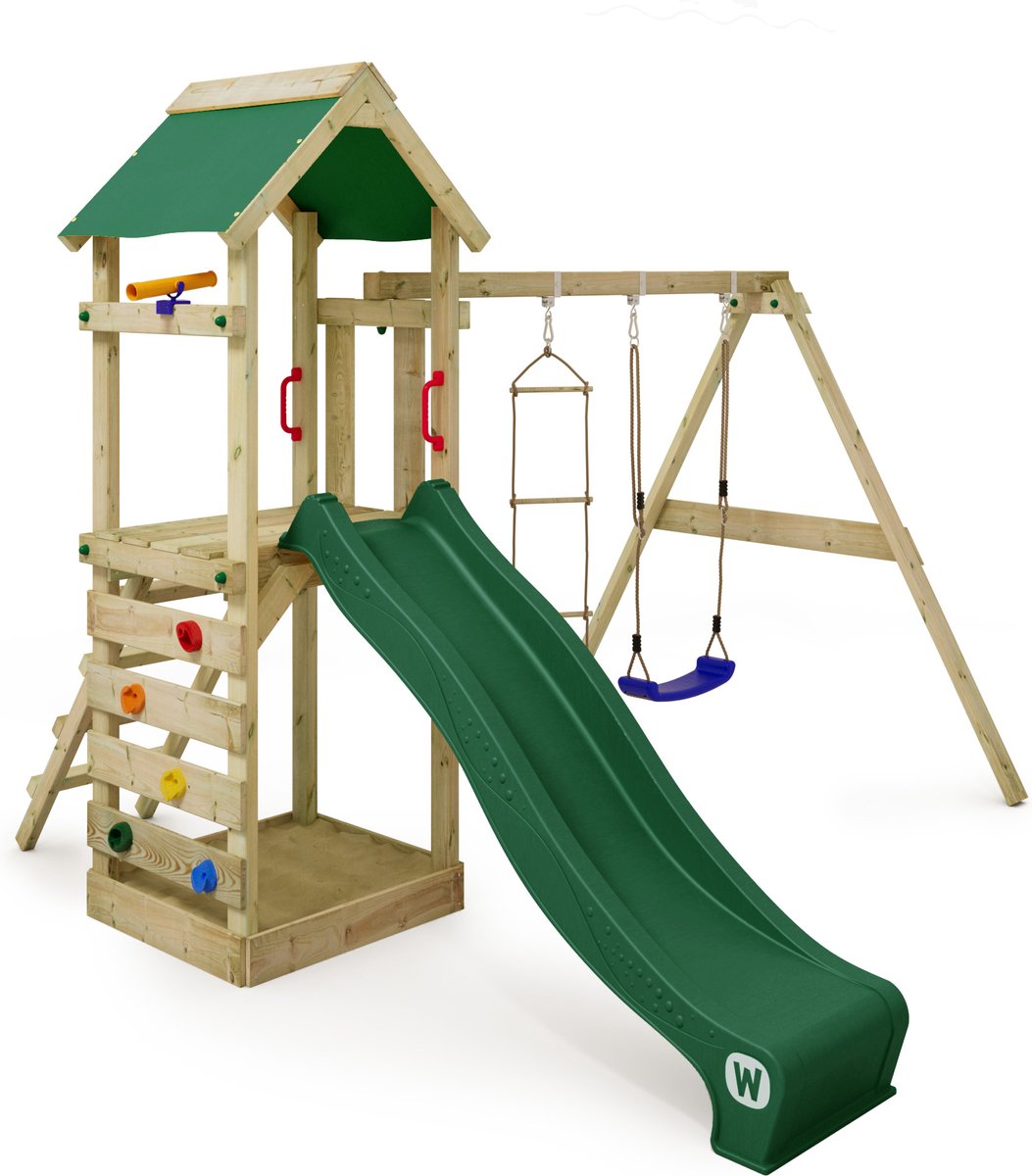 WICKEY speeltoestel klimtoestel FreeFlyer met schommel en groene glijbaan outdoor speeltoestel voor kinderen met zandbak ladder en speelaccessoires voor de tuin