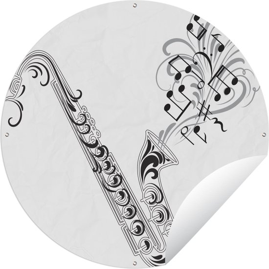 Tuincirkel Zwart-wit illustratie van een saxofoon met muzieknoten - 120x120 cm - Ronde Tuinposter - Buiten XXL / Groot formaat!