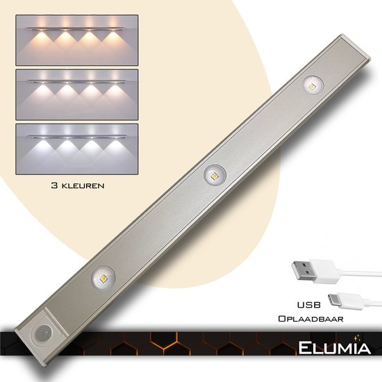 Elumia® LED lamp 40cm met bewegingssensor - 3 kleuren(warm wit, wit en koud wit) - USB - Led Verlichting met 3 krachtige LED's - Aluminium - Magnetisch - USB-oplaadbare Accu - Eenvoudige Bevestiging