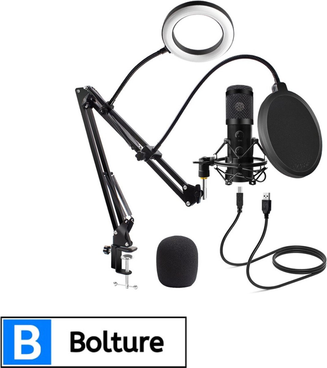 Bolture Microfoon Arm Met Microfoon - Mic Standaard Met Popfilter - Mic Houder - Boom Stand - Inclusief LED Ringlamp - Podcast Starterset