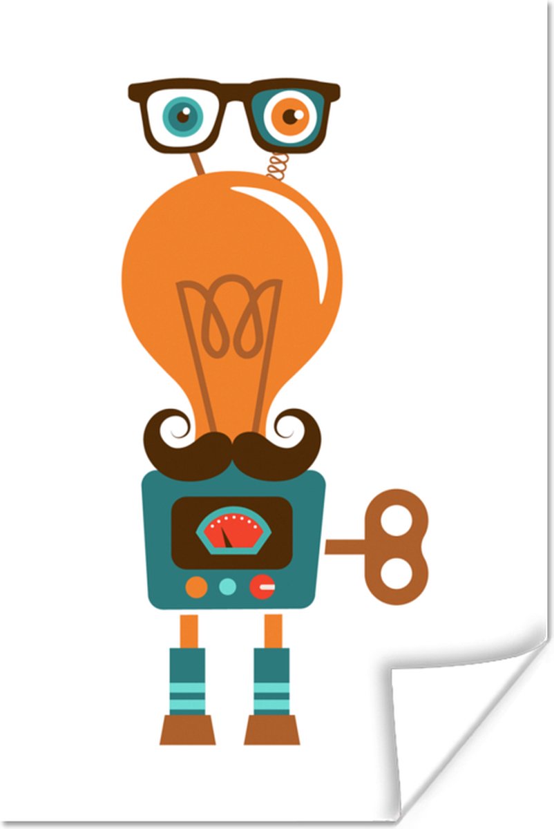 Poster 20x30 cm - Robot - Bril - Gloeilamp - Snor - Kinderen - Jongens - Posters - Kamer d