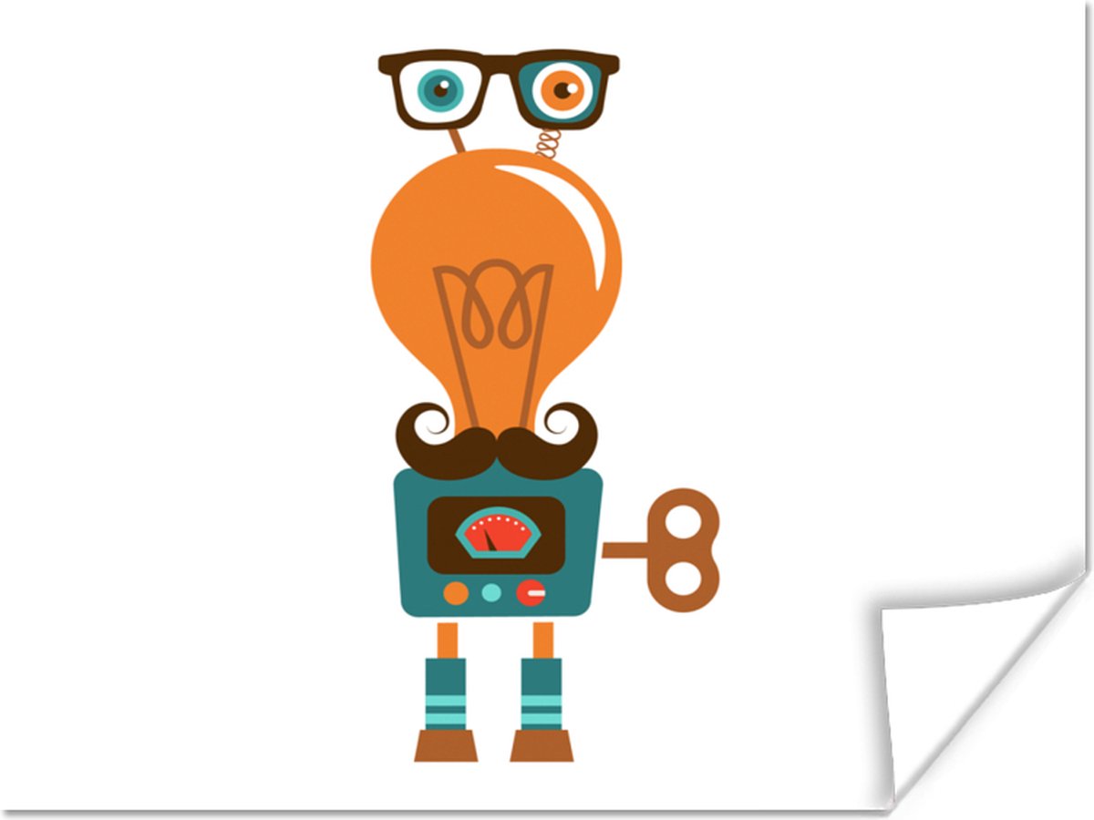 Poster 160x120 cm - Robot - Bril - Gloeilamp - Snor - Kinderen - Jongens - Posters - Kamer