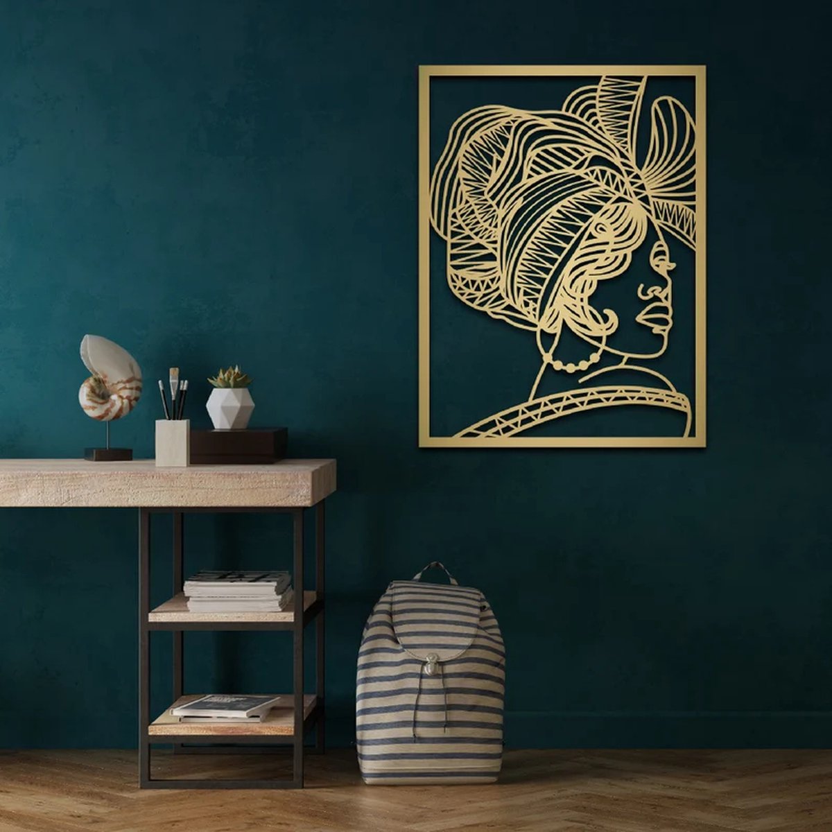 Metalen Wanddecoratie Vrouwen Gezicht – 3D Wandkunst – Goud – 50x37 cm