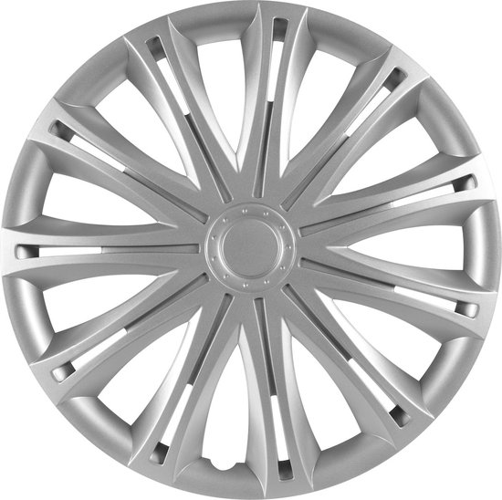 Zilverkleurige wieldop met een 13-spaaks design en een centraal cirkelvormig detail.