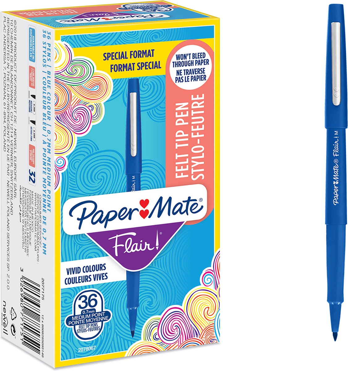 Paper Mate Flair-viltstiften | Medium punt (0,7 mm) | Blauwe inkt | 36 stuks