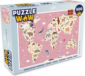 Puzzel Wereldkaart kinderen - Dieren - Aarde - Jongens - Meiden - Roze - Legpuzzel - Puzzel 500 stukjes