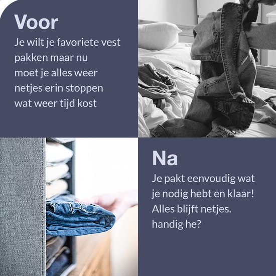 Avant et après : vêtements en désordre versus boîte de rangement soignée avec des jeans.