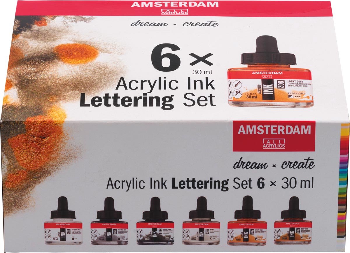 Amsterdam Acrylic Ink Lettering Set - 6 Bottles X 30ml, Assorted Colors Incl. Metallics