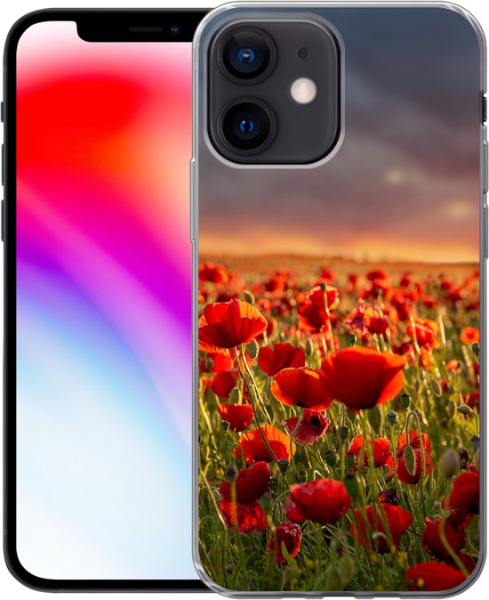 Coque iPhone 12 mini - Coucher de soleil sur un champ plein de coquelicots - Coque en Siliconen pour téléphone