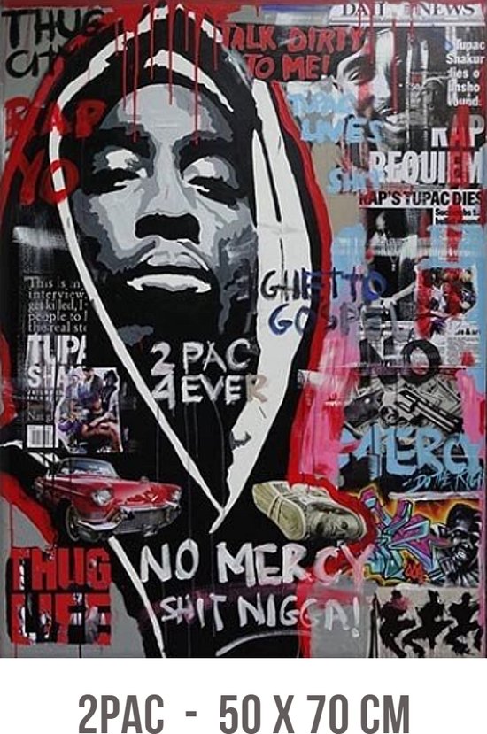 Allernieuwste.nl® Canvas Schilderij Tupac Shakur - 2PAC - Rapper Hip Hop - Kleur Graffiti - 50 x 70 cm