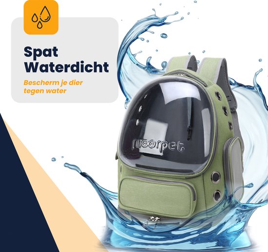 Sac à dos vert pour chat avec dôme transparent entouré d'eau, indiquant son imperméabilité.