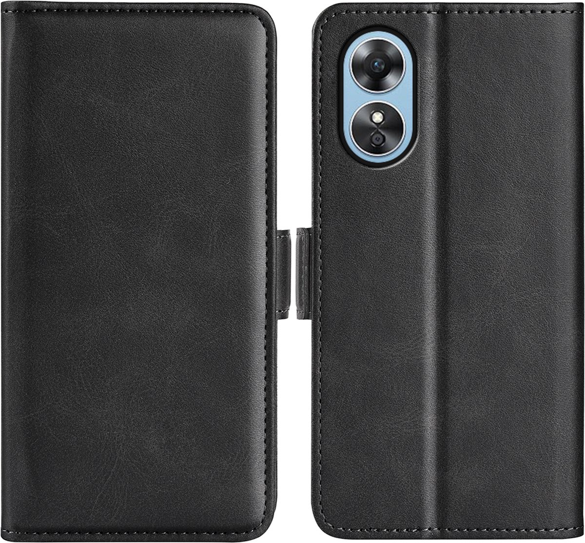 MobyDefend Hoesje - Geschikt voor Oppo A17 - Luxe Wallet Book Case (Sluiting Zijkant) - Zwart
