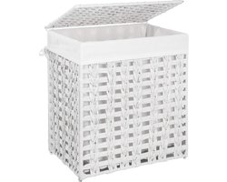SONGMICS Handgeweven wasmand met deksel, wasmand in rotanstijl met uitneembare voeringzak, metalen frame, opbergmand, 45,5 x 32 x 51,5 cm, voor wasruimte, slaapkamer, badkamer, wit LCB050W01