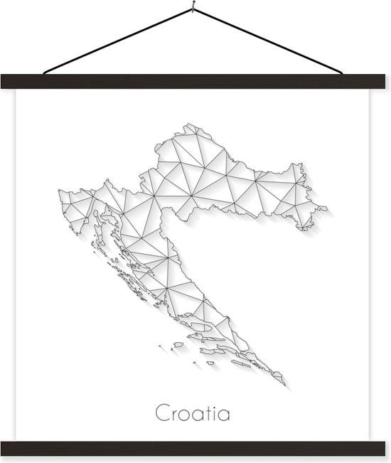 Posterhanger incl. Poster - Schoolplaat - Kaart van Kroatië gemaakt van lijnen in zwart-wit - 90x90 cm - Zwarte latten