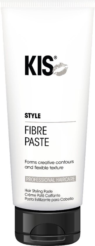 Witte tube KIS Fibre Paste. Tekst: STYLE FIBRE PASTE. Forms creative contours and flexible texture. PROFESSIONAL HAIRCARE. Hair Styling Paste Crème Paté Coiffante Pasta Estilzanze para Cabello.