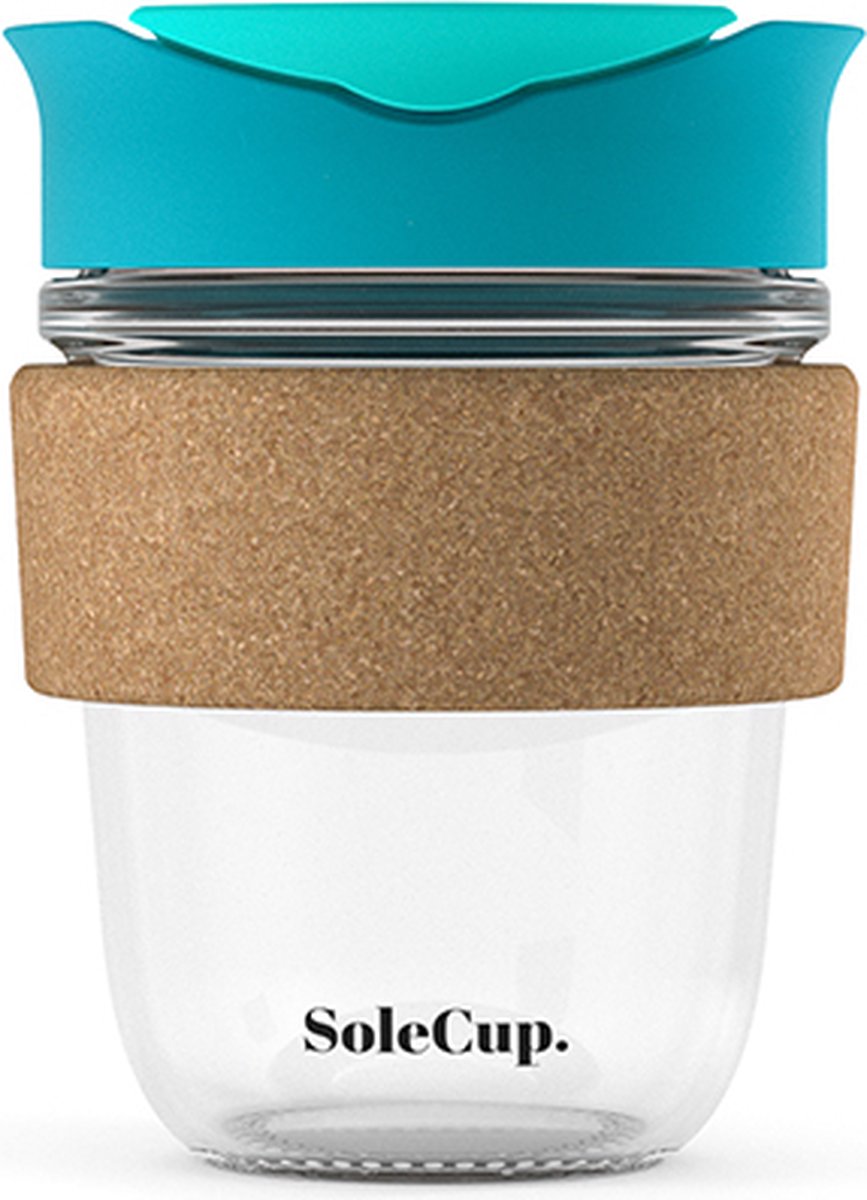Solecup koffie beker to go glas/ kurk - 340 ml - turquoise